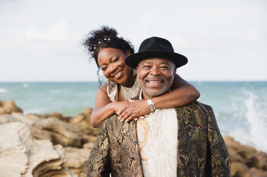 A joyful embrace by the ocean